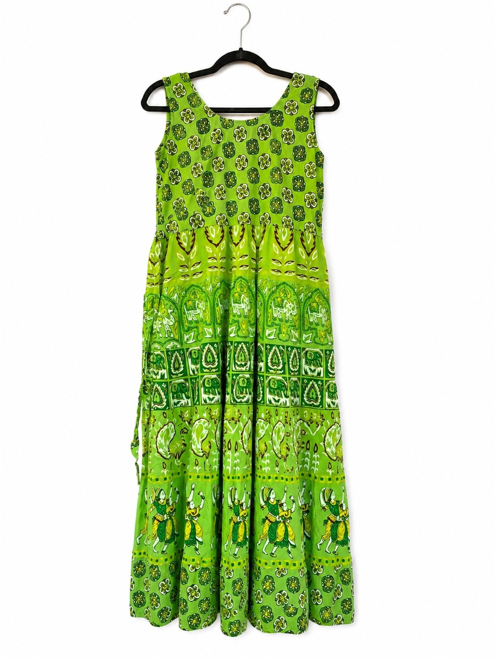 Vintage Green Boho Maxi Dress | Elephant & Paisley Print